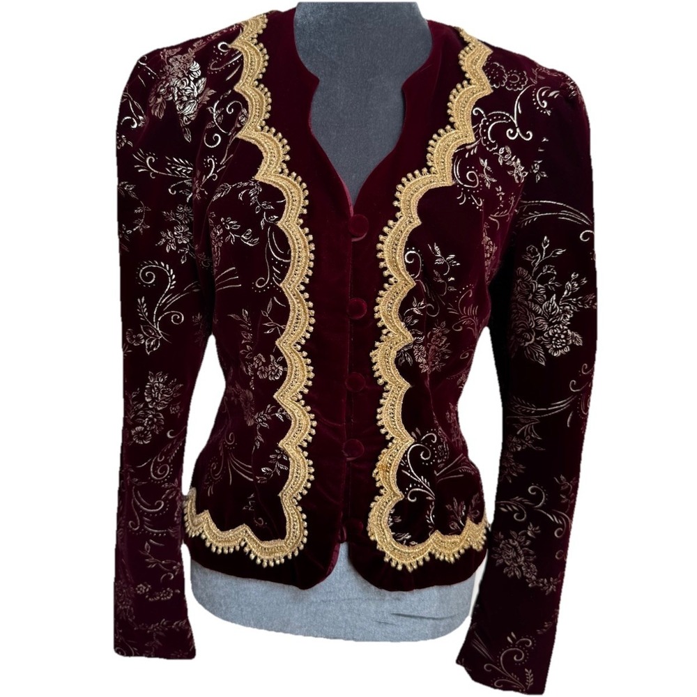Vtg 80s J McClintock Blazer Burgundy Gold Velvet Victorian Regencycore Boho - Picture 7 of 16